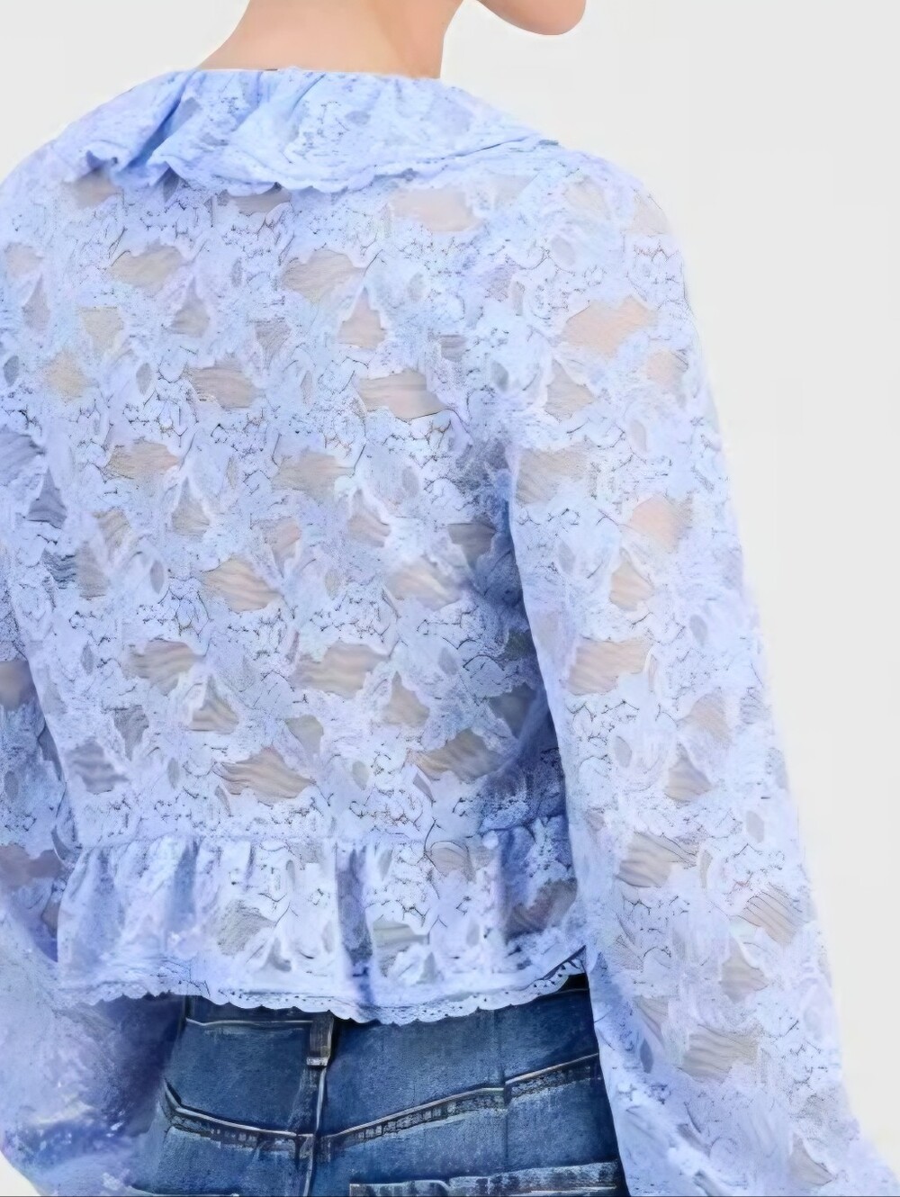 Sheer Lace Ruffle-Trim Blouse - Light Blue - Picture 2 of 11